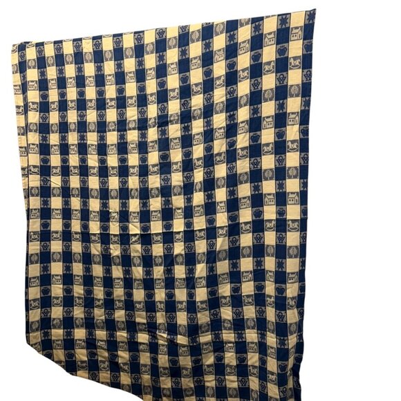 blue white plaid country print rocking horse house basket tree table cloth squar - Picture 1 of 3